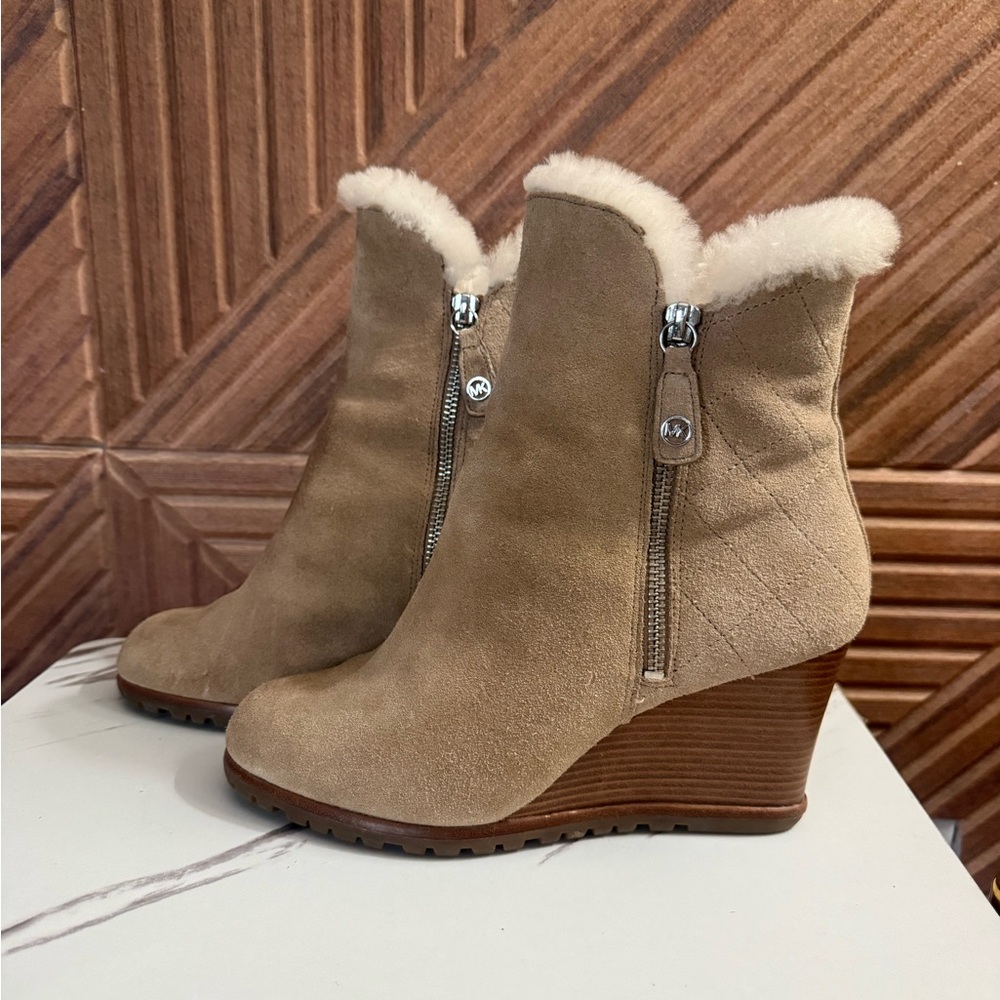 Michael Kors Suede Shearling-Lined Wedge Ankle Boots - Taupe
